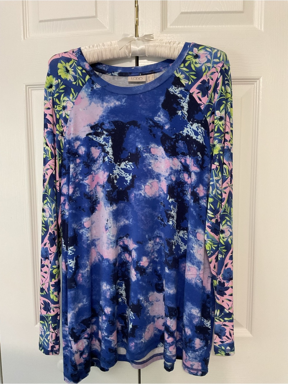 Logo Blue Floral-Accent Long Sleeve Top
